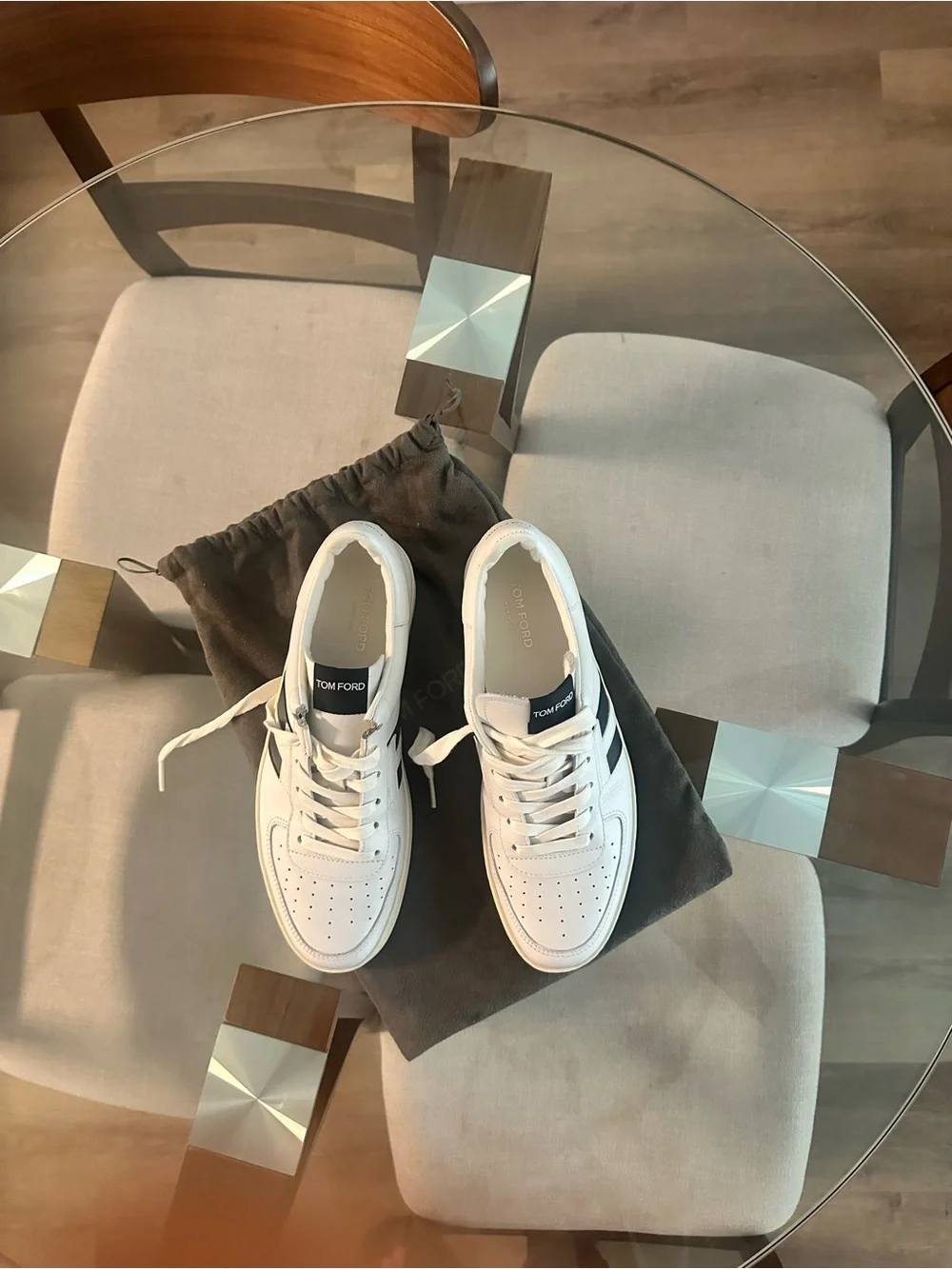 Tom Ford White Leather Sneakers with Black Side Stripes